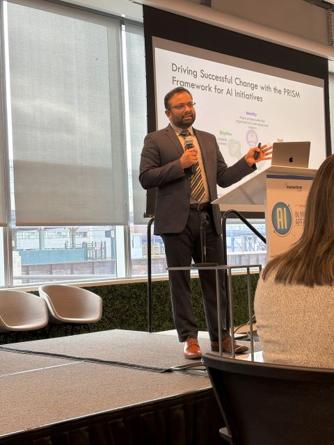 Vivek Mukhatyar presenting the PRISM framework from the AI in Medical Affairs stage in 2025.