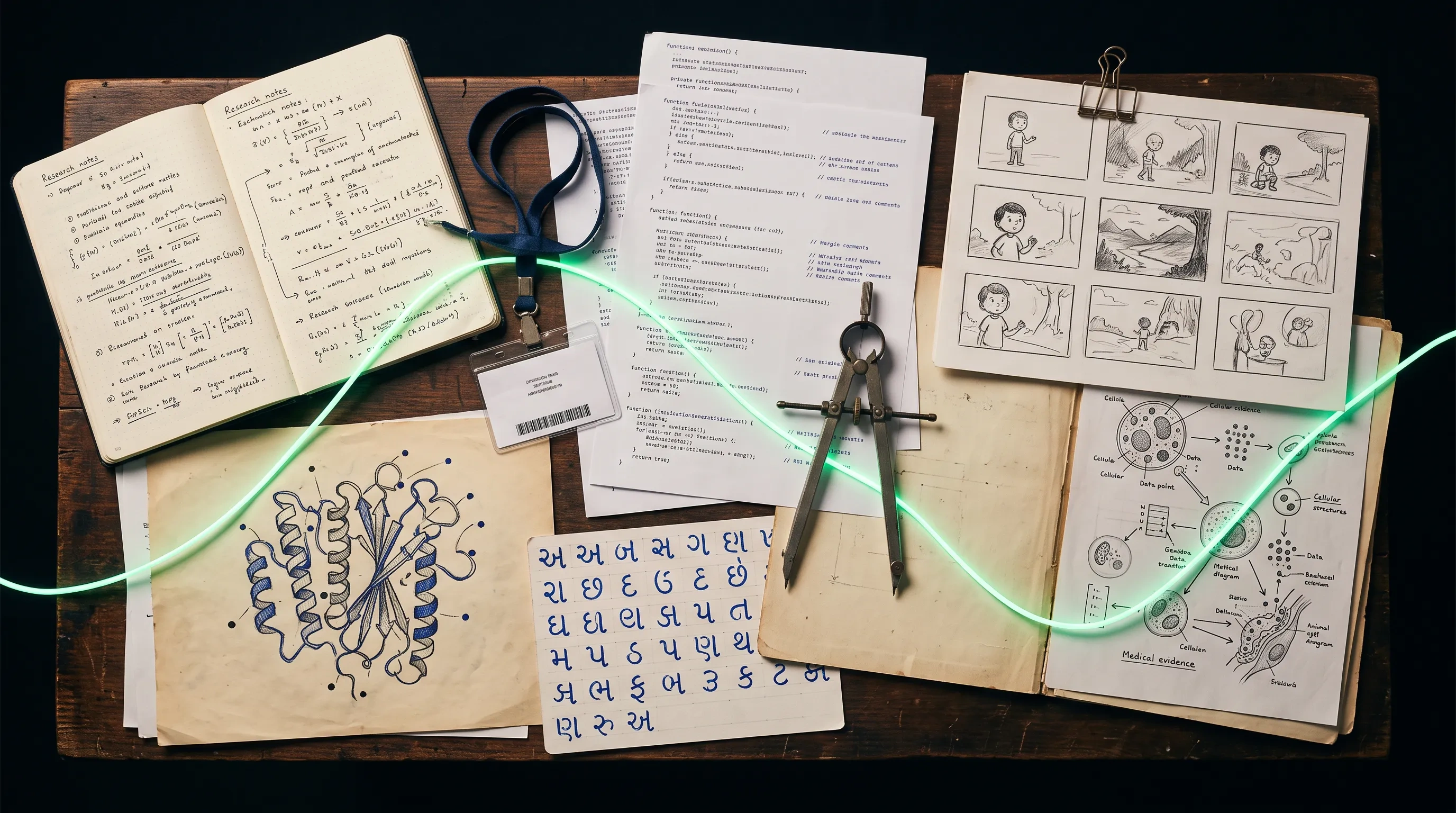 A workbench of code, scientific sketches, Gujarati letters, and storyboards connected by a luminous line.
