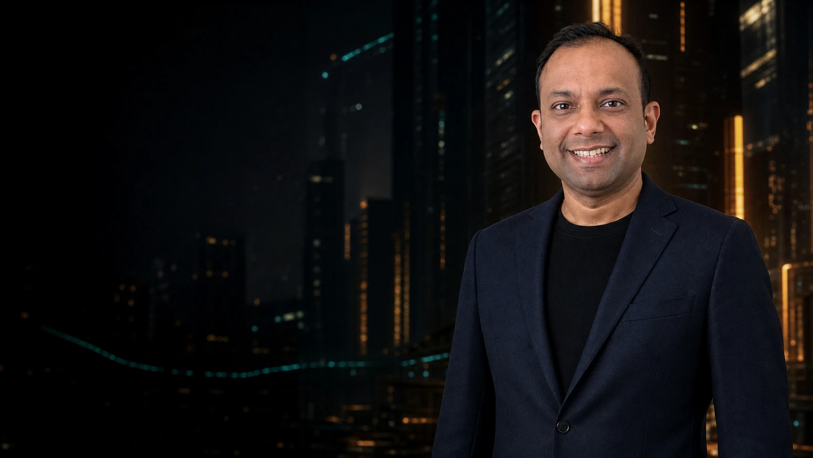 Vivek Mukhatyar standing confidently in a dark navy blazer and black crewneck against a futuristic AI cityscape.